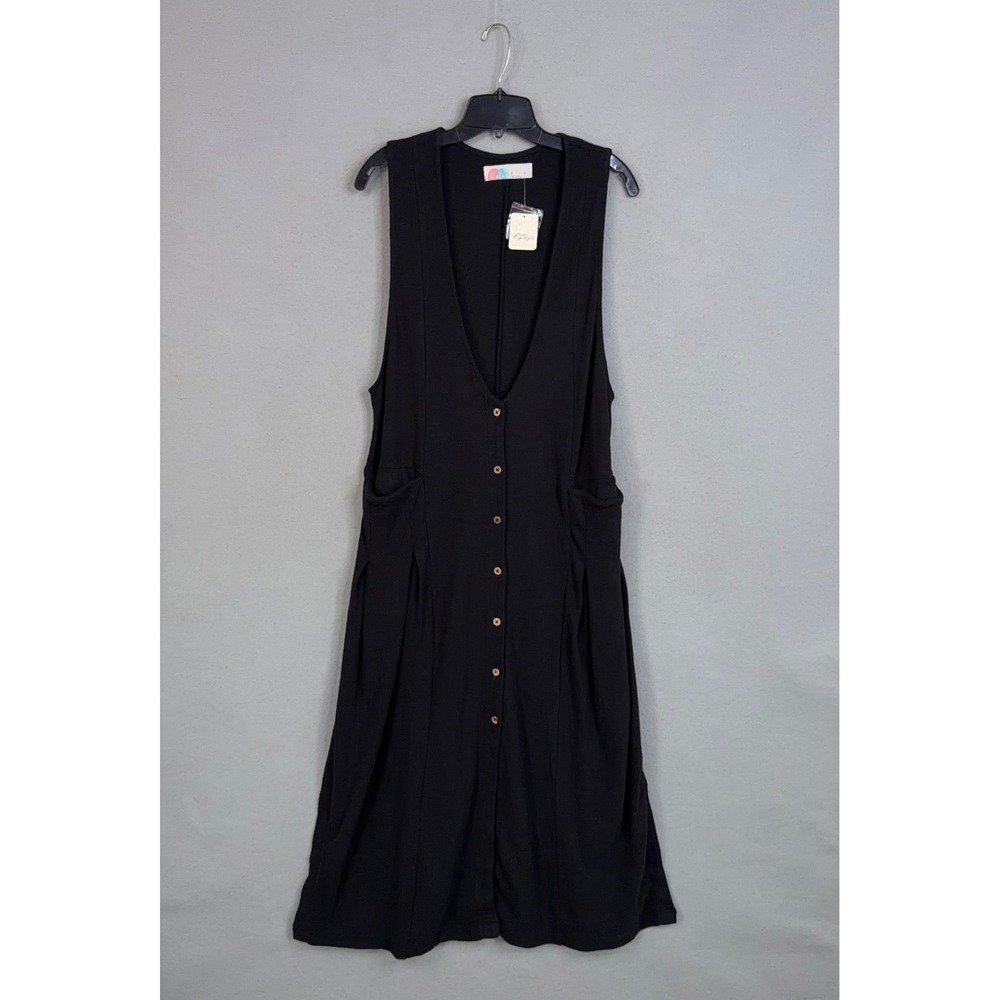 Free People Beach Dress Womens Small Black Ribbed Button Front Midi Boho Casual